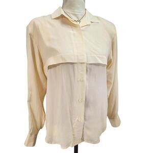 Butterfly. Vintage, Ivory 100% Silk Women's Button Down Blouse. Size: 8